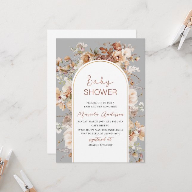 Elegante neutrale Blume Wasserfarbe Kinderdusche Einladung (Vorderseite/Rückseite Beispiel)