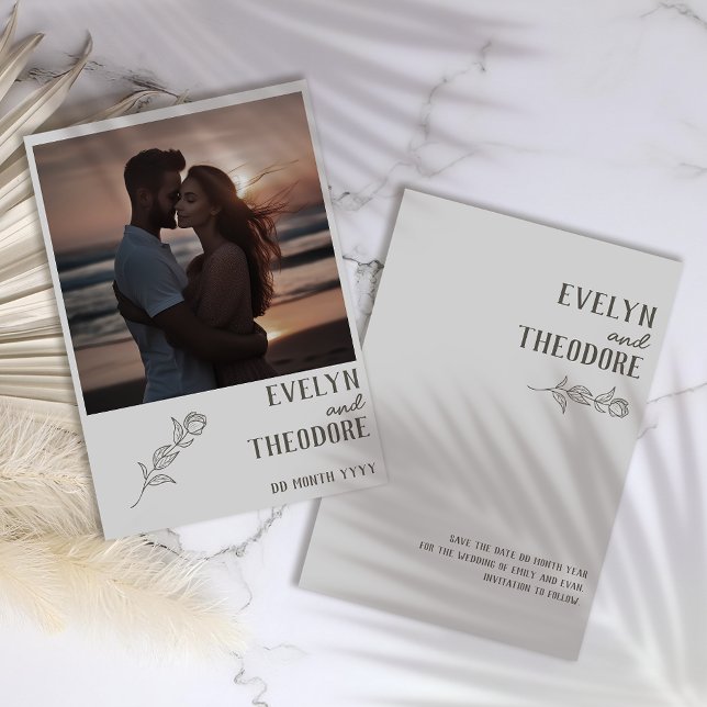 Elegante neutrale Linie Blume mit Foto Hochzeit Save The Date (Von Creator hochgeladen)