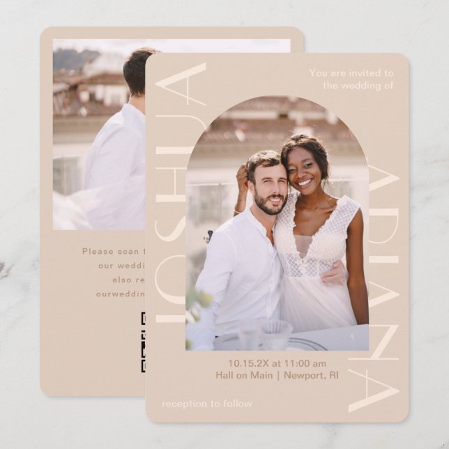 Elegante neutrale Zwei-Foto QR UAwg Wedding Einladung (Vorne/Hinten)