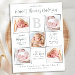 Elegante New Baby Unique 5 Foto Geburtsankündigung Postkarte<br><div class="desc">Mit diesen eleganten, unterhaltsamen, modernen und einzigartigen Foto-Collage-Geburtskarten können Sie Ihr neues Baby bei Freunden und Familie bekannt geben. Anpassen mit 5 Ihrer Fotos, und personalisieren Sie mit Monogramm Initial-, Name-, Geburtsdaten. Inspiration Zitat: "Ein kleines Wunder von oben, ein süßes Baby zum Kuscheln und Liebe" . COPYRIGHT © 2020 Judy...</div>