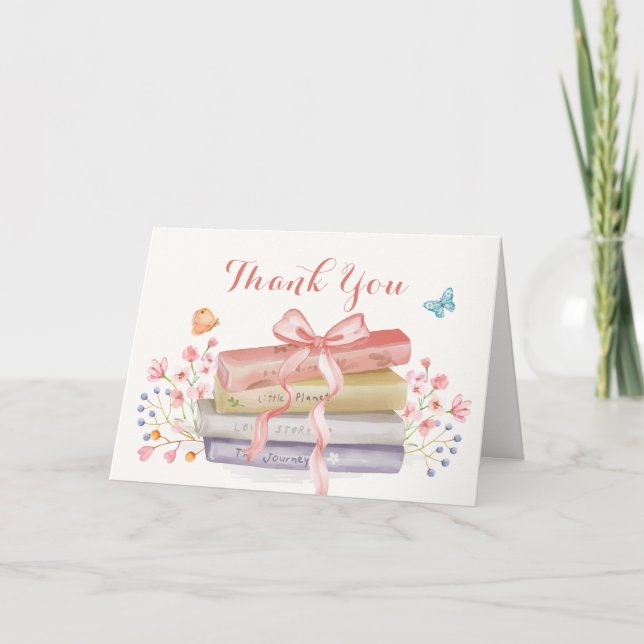 Elegante New Chapter Floral Bow Book Baby Shower Dankeskarte (Vorderseite)