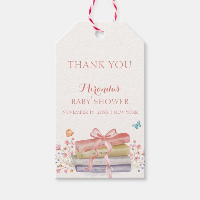 Elegante New Chapter Floral Bow Book Baby Shower Geschenkanhänger (Vorderseite)