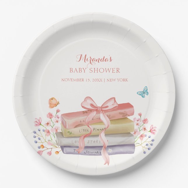 Elegante New Chapter Floral Bow Book Baby Shower Pappteller (Vorderseite)