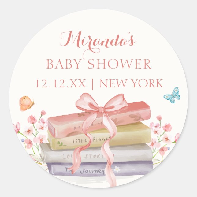 Elegante New Chapter Floral Bow Book Baby Shower Runder Aufkleber (Vorderseite)