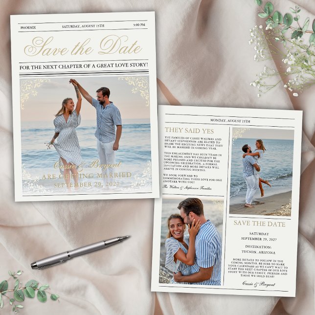 Elegante Newspaper-Verlobung Save the Date (elegant vintage chic newspaper style wedding engagement save the date announcement old money era)