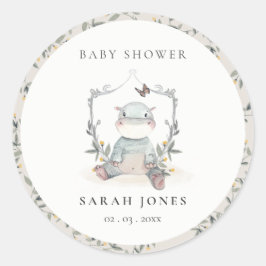 Elegante Niedliche Baby Hippo Foliage Babydusche Runder Aufkleber