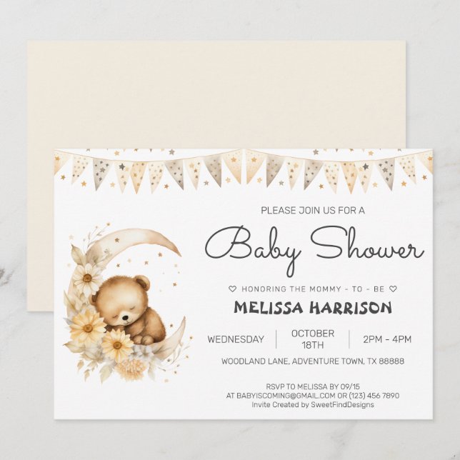 Elegante Niedliche Boho Bear Baby Boy Dusche Einladung (Vorne/Hinten)
