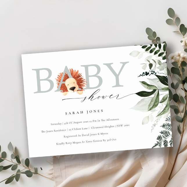 Elegante Niedliche Boho Lion Foliage Baby Shower E Dankeskarte (Von Creator hochgeladen)