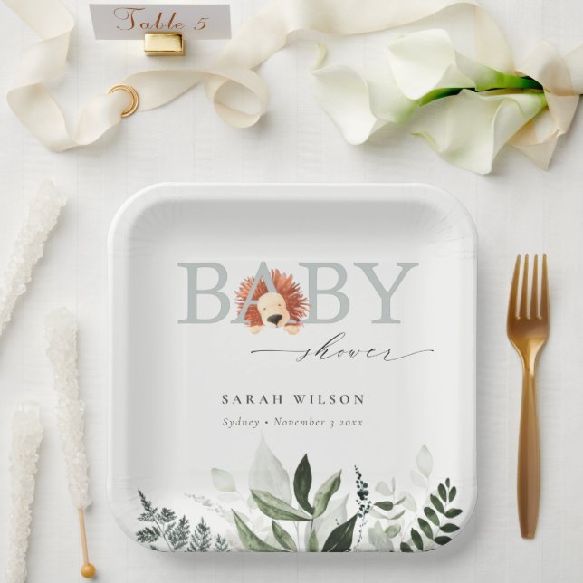 Elegante Niedliche Pastel Boho Lion Foliage Babydu Pappteller (Hochzeit)