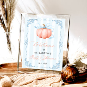 Elegante Niedliche Pumpkin Blue Bow Baby Dusche Poster