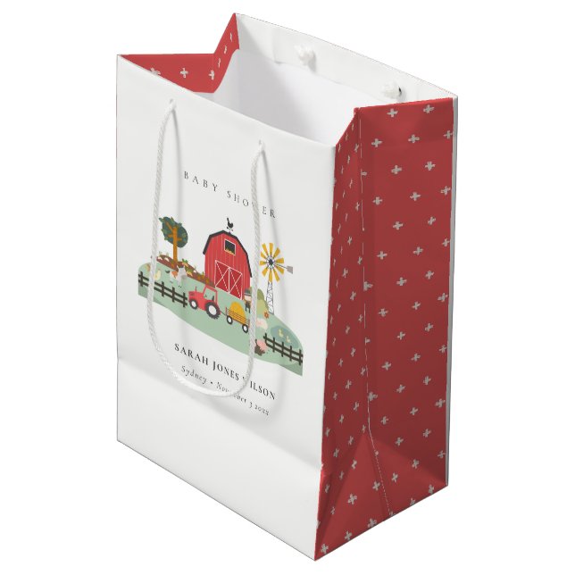 Elegante Niedliche Red Barnyard Farm Animal Baby S Mittlere Geschenktüte (Vorderseite Schrägansicht)
