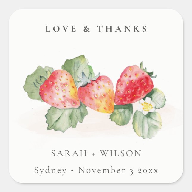 Elegante Niedliche Red Strawberry Leafy Foliage We Quadratischer Aufkleber (Vorderseite)