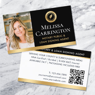 Elegante Notar-Foto-QR-Code in Schwarz-Gold Visitenkarte