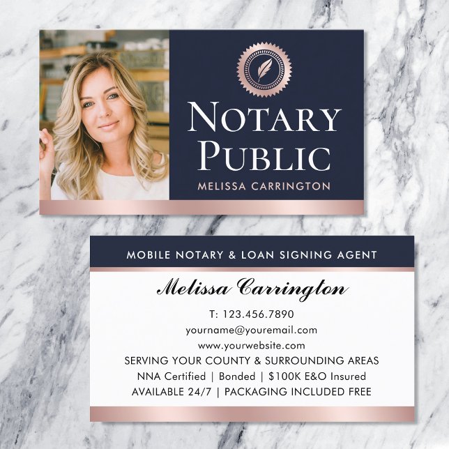 Elegante Notar Public Foto Rose Gold Navy Blue Visitenkarte (Von Creator hochgeladen)