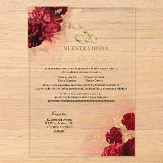 Elegante Nuestra Boda rote Blumenhochzeits-Einladu Acryleinladungen