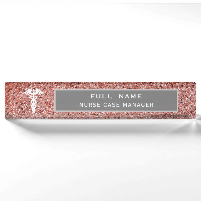 Elegante Nurse Medical Caduceus Rose Gold Glitzer Namensplakette (Vorderseite)