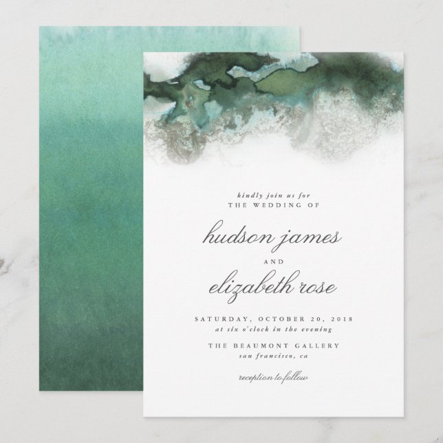 Elegante Ocean Green Ombre Wassercolor Wedding Einladung (Vorne/Hinten)