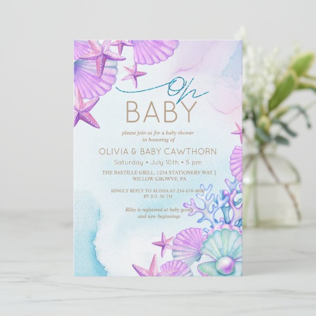 Elegante Ocean Muscheln Beach Baby Dusche Einladung (Stehend Vorderseite)
