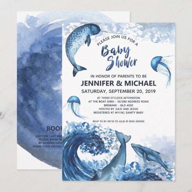 Elegante Ocean Watercolor Babydusche Einladung (Vorne/Hinten)