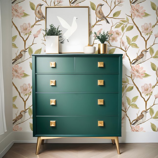 Elegante Ölgemälde Bird & Branch Rosa Blüte Tapete (Elegant Oil Painting Bird & Branch Pink Floral Wallpaper)