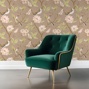 Elegante Ölgemälde Bird & Branch Rosa Blüte Tapete