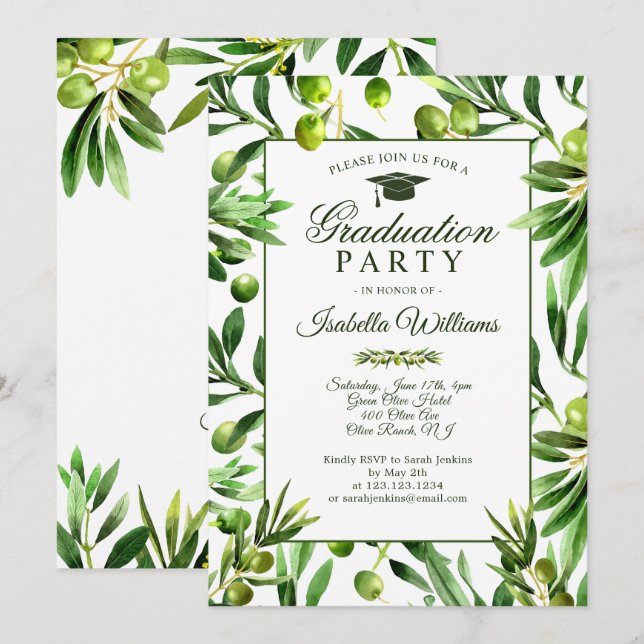 Elegante Olive Boho Garden Graduation Party Einladung (Vorne/Hinten)