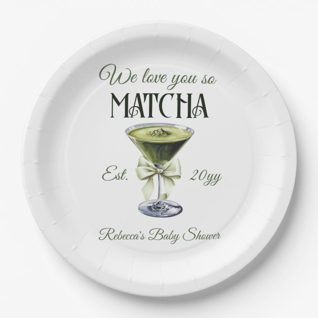 Elegante Olive Bow Liebe Sie So Matcha Baby Dusche Pappteller (Vorderseite)