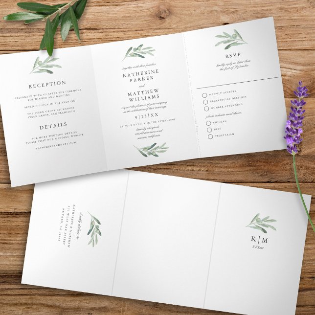 Elegante Olive Branch All-in-One Hochzeit Dreifach Gefaltete Einladung (Von Creator hochgeladen)
