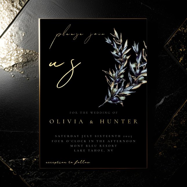 Elegante Olive Branch Black and Gold Wedding Folieneinladung (Von Creator hochgeladen)