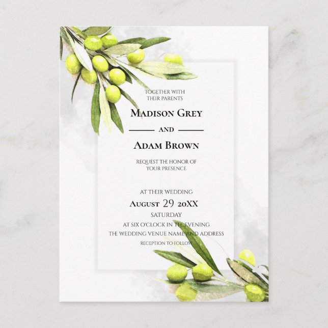 Elegante Olive Branches Hochzeit Einladungspostkarte (Vorderseite)