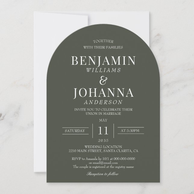 Elegante Olive Green Arch Wedding Einladung (Vorderseite)