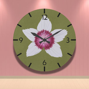 Elegante Olive Green Moderne Clematis HandGezeichn Große Wanduhr