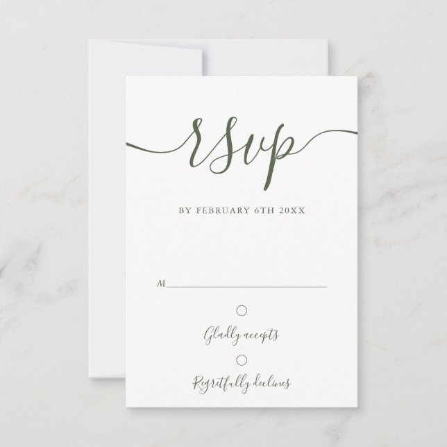 Elegante Olive Green Script Moderne Hochzeit RSVP Karte (Vorderseite)