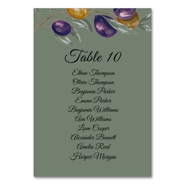 Elegante Olive Green Wedding Table Card mit Namen Tischnummer (Vorderseite)