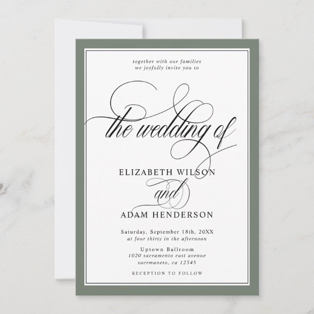 Elegante Olive Green & White Classic Hochzeit Einladung (Vorderseite)