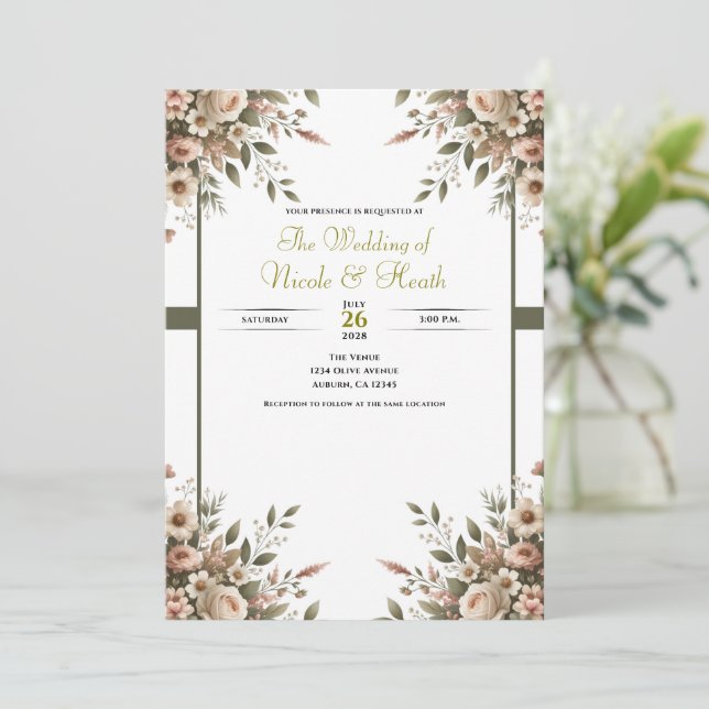 Elegante Olive Green & White Floral Corner Hochzei Einladung (Stehend Vorderseite)