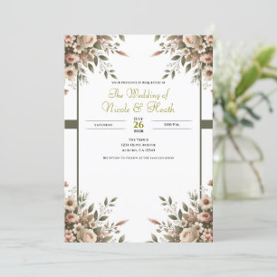 Elegante Olive Green & White Floral Corner Hochzei Einladung