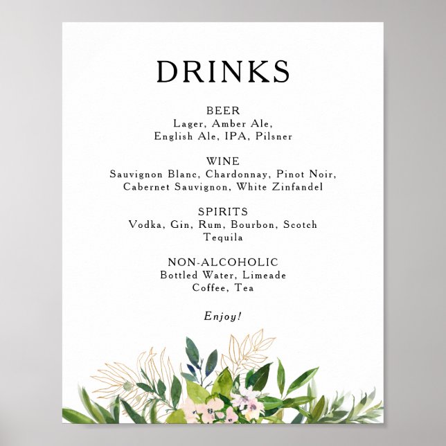 Elegante Olive Greenerity Wedding Drinks Menü Zeic Poster (Vorne)