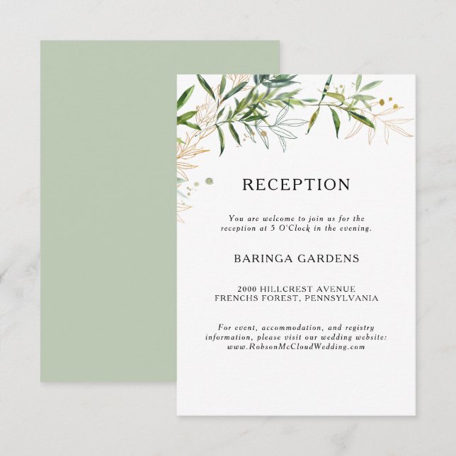Elegante Olive Greenerity Wedding Reception Card Begleitkarte (Vorne/Hinten)