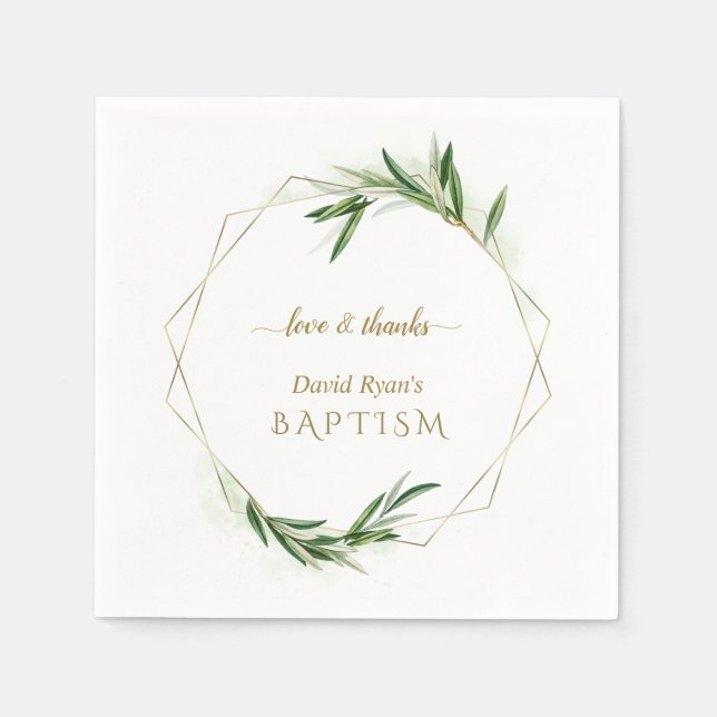 Elegante Olive Leaves Gold Boy Taufe Serviette (Vorderseite)