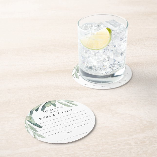 Elegante Olive Sprig Rat Braut Groom Gefallen Runder Pappuntersetzer (Vor Ort)