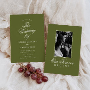 Elegante Oliven-Grün Old Money Foto-Hochzeit Einladung