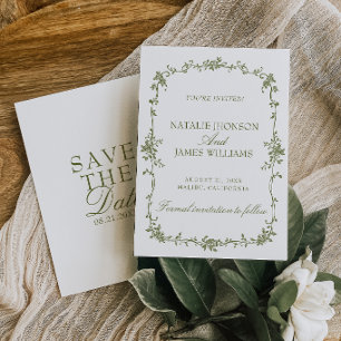 Elegante Oliven Grün Weiße Florale Old Money Hochz Save The Date
