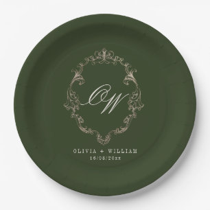 Elegante Oliven-grüne Hochzeit mit Monogramm Pappteller
