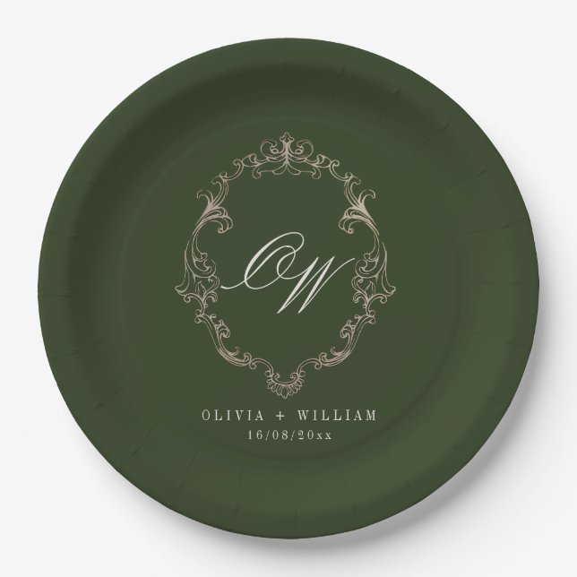 Elegante Oliven-grüne Hochzeit mit Monogramm Pappteller (Vorderseite)