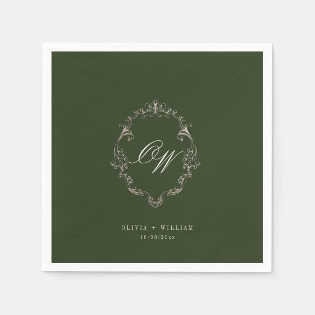 Elegante Oliven-grüne Hochzeit mit Monogramm Serviette (Vorderseite)