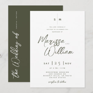 Elegante Oliven- und Weiße Moderne Schrift Hochzei Einladung