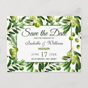 Elegante Olivenblatt Boho-Garten Save-the-Date Ankündigungspostkarte