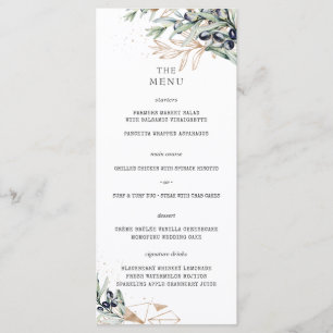 Elegante Olivenhain-Grün-Gold-Hochzeitsmenü Menükarte