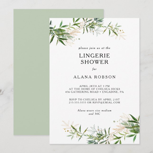 Elegante Olivenhaine Lingerie Dusche Einladung (Vorne/Hinten)